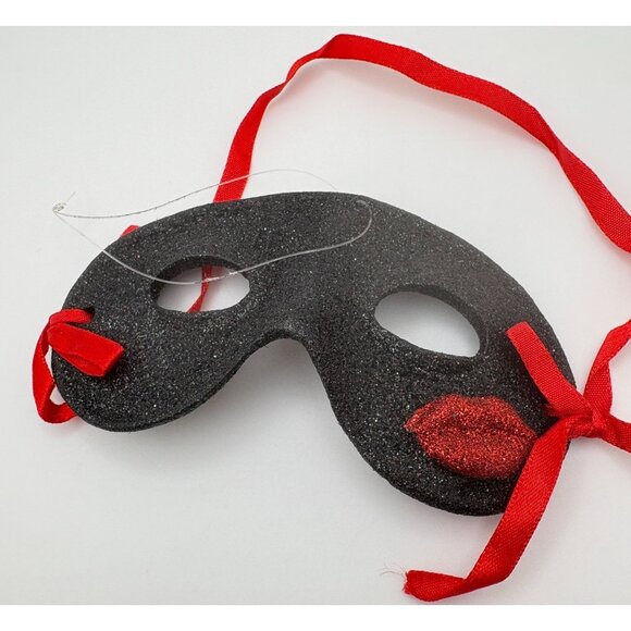 Masquerade Mask Christmas Tree Ornament Black Glitter Red Ribbon Lips Accent - Picture 6 of 6